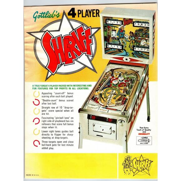 Sheriff Pinball Flyer Original Vintage Retro Game Wild Western Cowboy Art 1971 - Picture 1 of 1